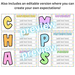 May include: A colorful educational chart with the words "Conversation", "Movement", "Participation", "Success", "Activity", "Help", and the letters "CHAMPS". Each section has space to add text. The text "Also includes an editable version where you can create your own expectations!" is at the top.