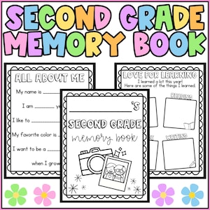 May include: Black and white printable memory book for second grade pupils. The cover features a camera, a photo of two children, and the text "Second Grade Memory Book".