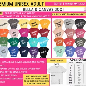 May include: A colour chart for Bella + Canvas 3001 unisex adult t-shirts. The chart displays various solid and CVC/Heather colours, including Natural, Black, and Heather Peach. A size chart in inches is also included, with measurements for XS to 4XL.