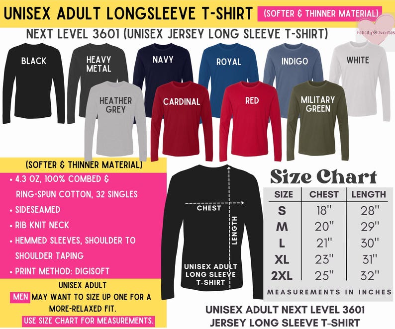 May include: A selection of unisex long-sleeve t-shirts in colours like black, navy, and red. The image includes a size chart with measurements in inches for chest and length. The shirts are made of a soft, thinner material.