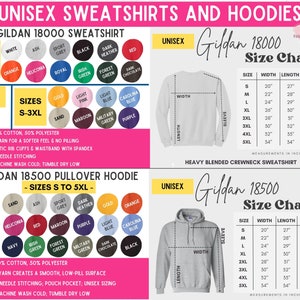 May include: Image of Gildan 18000 and 18500 unisex sweatshirts and hoodies. The image includes a colour chart with various options and size charts with measurements in inches for each size, from S to 5XL.