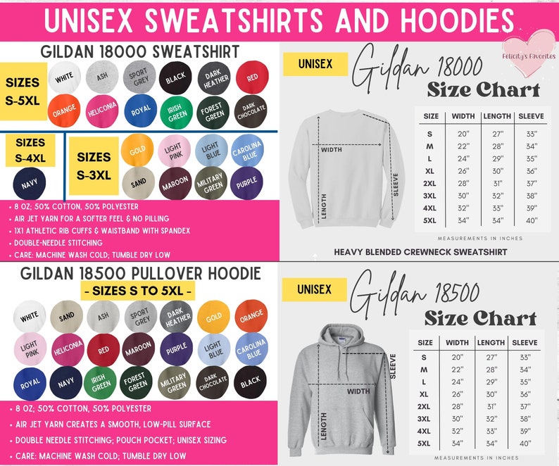 May include: Image of Gildan 18000 and 18500 unisex sweatshirts and hoodies. The image includes a colour chart with various options and size charts with measurements in inches for each size, from S to 5XL.