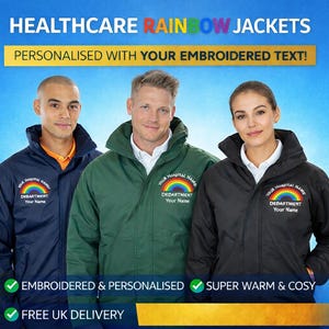 May include: Three people wearing navy, green, and black jackets with a rainbow logo and the text "YOUR HOSPITAL NAME" and "DEPARTMENT Your Name". The jackets have a collar and are embroidered and personalised.