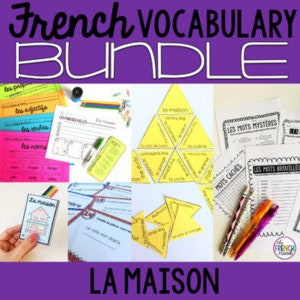 May include: A French vocabulary bundle for learning about the home. The bundle includes various activities such as word searches, puzzles, and matching games. The activities are printed on yellow and white paper with black text.