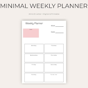 Minimalist Weekly Planner PDF, Digital Schedule Tracker iPad Insert, Weekly Desk Organiser with Notes, Printable A4 Letter Size Page