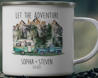 Engagement Gift Custom Wedding Mug Gift, Personalized Mountain Enamel Camping Mug Rustic fiance newly engaged couple gifts campfire coffee