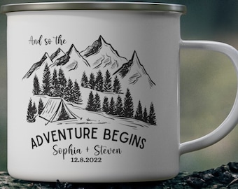 Personalized Wedding Camping Mug, Adventure Mountains, Mr Mrs, Couples Campfire Mugs, Engagement Wedding Gift, For Bride and Groom Fiance