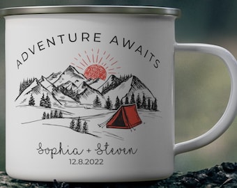 Personalized Wedding Camping Mug, Adventure Mountains, Mr Mrs, Couples Campfire Mugs, Engagement Wedding Gift, For Bride and Groom Fiance