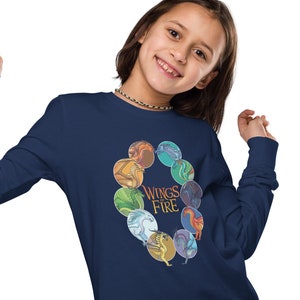 Wings of Fire All Dragons Youth long sleeve tee, Glory, Tsunami, Peril, Clay, Starflight, Sunny, Winter, Sundew, Cricket