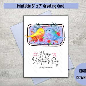 À mon âme soeur carte de voeux Saint Valentin, carte d'oiseaux d'amour, carte imprimable Happy Valentine's Day / Téléchargement instantané PDF / Modèle de carte