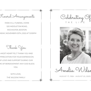 May include: Black and white funeral announcement for Amelia Wilson. It includes the date and location of the funeral service and a thank you message to those who have offered condolences.