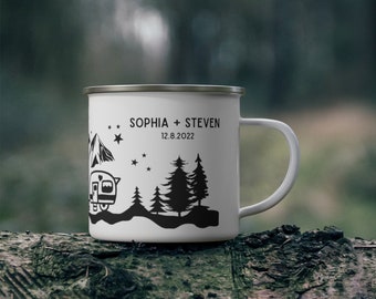 Personalized Wedding Camping Mug, Adventure Mountains, Mr Mrs, Couples Campfire Mugs, Engagement Wedding Gift, For Bride and Groom Fiance
