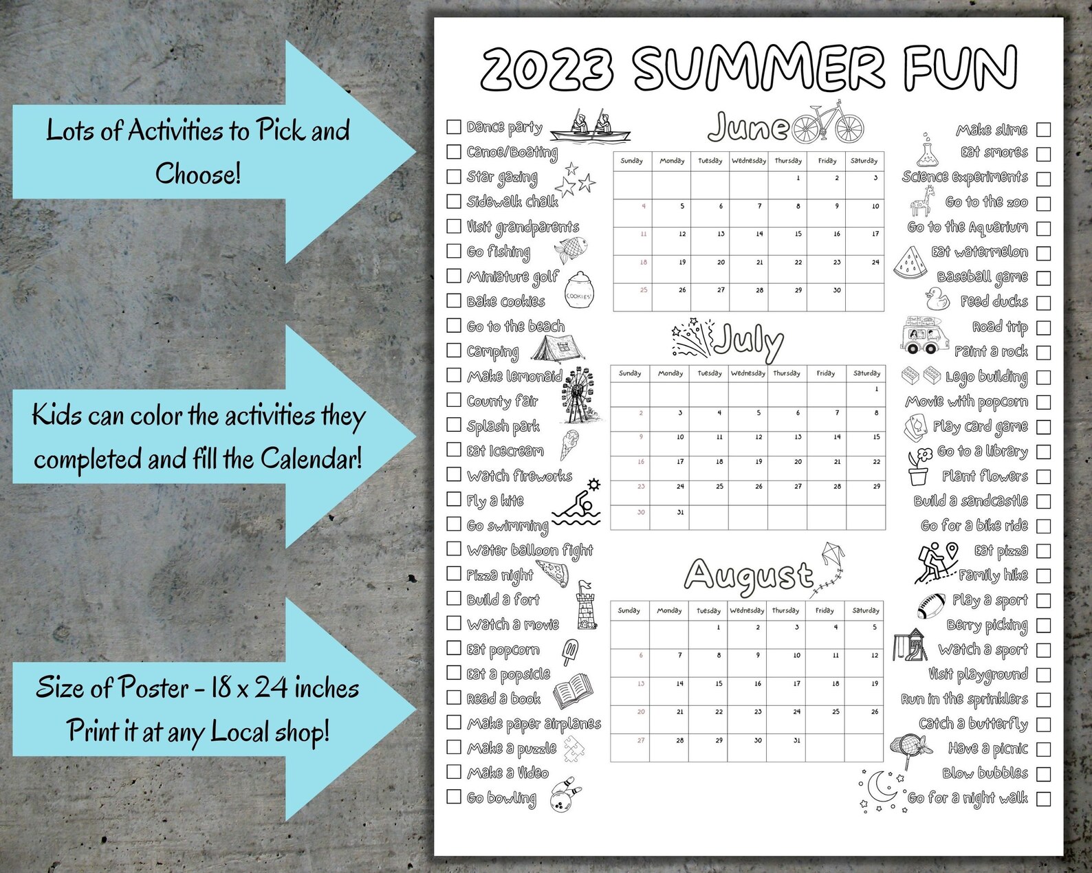 Printable 2023 Summer Fun List, Printable Summer Calendar Poster
