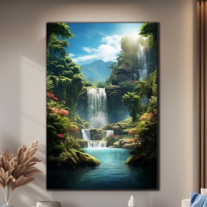 Tempered Glass Wall Art | Waterfall Paradise Wall Decor |Large Wall Art | Nature Glass Art | Landscape Wall | Wall Hangings |Forest Wall Art