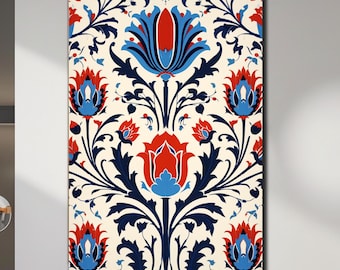 Puede incluir: Una impresión de arte digital con un patrón repetitivo de flores estilizadas en tonos rojos, azules y blancos sobre un fondo crema.