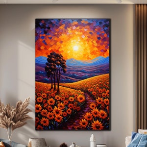 Arte de vidrio templado de girasol / Impresión con patrón teñido / Arte de pared grande / Arte de pared de flores / Arte de vidrio natural / Regalo de inauguración de la casa / Arte de atardecer