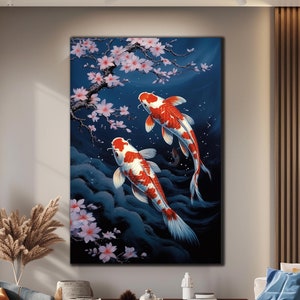 Arte de vidrio templado con peces koi / Decoración de pared con peces koi japoneses / Tapices de pared / Decoración de pared de vidrio Sakura / Arte de pared extragrande / Arte de pared con animales