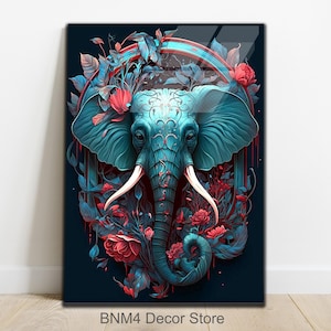 Tempered Glass Elephant Wall Art, Blue Elephant Glass, Elephant Abstract Wall Decor, Blue Elephant in Flower Wall Art,Animal Glass Art, Pink