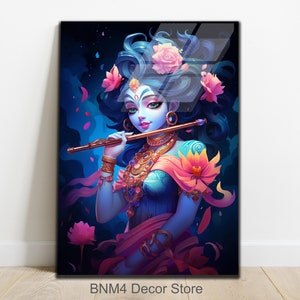 Arte de parede em vidro temperado Krishna | Decoração de Deus indiano | Decoração de parede com Krishna em desenho animado | Arte de parede com figuras budistas | Tapeçarias | Senhor Krishna