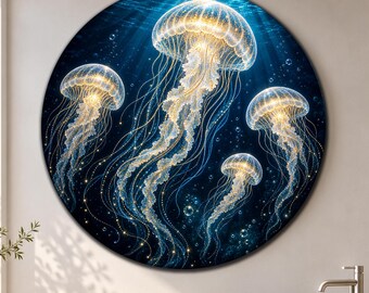 Jellyfish Circle Glass Art, Blue Gold Glass Decor, Underwater Wall Art, Marine Life Wall Decor, Tempered Glass Art, Large Round Wall Art