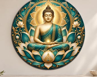 Buddha Circle Glass Art, Teal Gold Glass Decor, Meditation Wall Art, Lotus Wall Decor, Tempered Glass Wall Art, Extra Large Round Wall Art