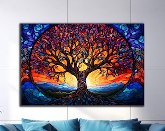 Life of Tree Tempered Glass Decor | Stained Glass Art | Colorful Life of Tree Print | Large Wall Art | Housewarming Gift |Stained Window Art