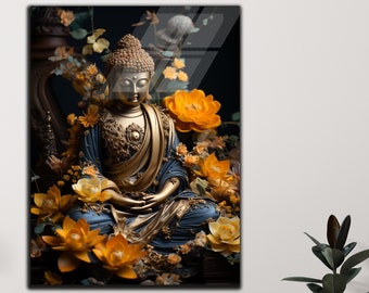 May include: A golden Buddha statue sits in a meditative pose surrounded by yellow flowers. The statue is set against a dark background with a hint of blue.