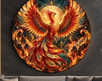 Golden Phoenix Circle Glass Art, Fire Bird Glass Decor, Fantasy Wall Art, Celestial Wall Decor, Tempered Glass Art, Large Round Wall Art