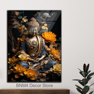 Tempered Glass Buddha Wall Art | Hindu Wall Art | Housewarming Gifts | Buddhism Wall Decor | Wall Hanging | Large Wall Art | Lotus Flower