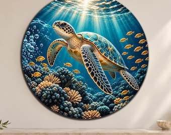 Sea Turtle Circle Glass Art, Coral Reef Glass Decor, Underwater Wall Art, Coastal Wall Decor, Tempered Glass Art, Large Round Ocean Wall Art