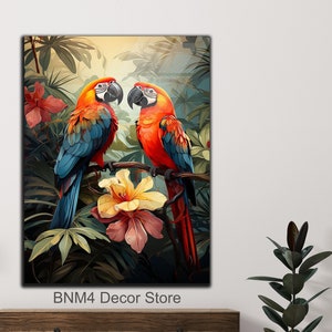 Gehärtetes Glas Lovebirds Wandkunst | Papageienglas | Abstraktes Wanddekor mit Papageien | Tier Wand Kunst | Tropisches Tierdekor | Einweihungsgeschenk