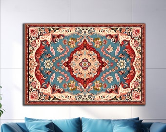 Puede incluir: Una alfombra colorida con fondo azul y intrincados patrones florales en rojo, blanco y amarillo. La alfombra está enmarcada y colgada en una pared blanca.