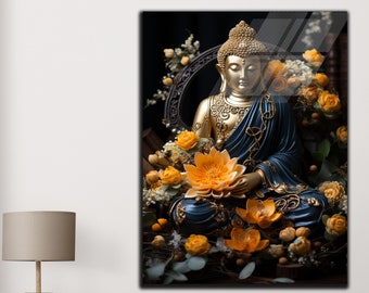 Arte de pared de Buda de vidrio templado / Arte de pared hindú / Regalos de inauguración de la casa / Decoración de pared budista / Colgante de pared / Arte de pared grande / Flor de loto