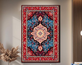 Puede incluir: Una alfombra roja, azul y crema con un patrón floral. La alfombra está colgada en una pared en un salón.
