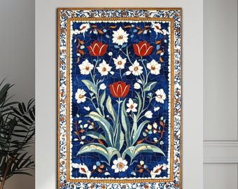 May include: A framed floral mosaic art piece featuring red tulips and white flowers against a deep blue background. The artwork has a decorative border with gold and white accents. The piece is displayed above a wooden bench.