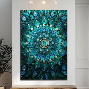 Turquoise Tempered Glass Decor | Mandala Wall Decor| Glass Printing | Mosaic Pattern Glass |Large Wall Art | Housewarming Gift |Wall Hanging