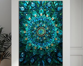 Puede incluir: Un mandala azul y verde con un patrón de mosaico. El mandala está formado por pequeñas formas geométricas que se organizan en un patrón circular. Los colores son vibrantes y el diseño es intrincado.