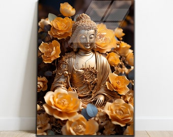 Buda de vidrio templado para pared, Buda dorado, hindú, regalo de inauguración de la casa, decoración budista, tapices, arte de pared grande