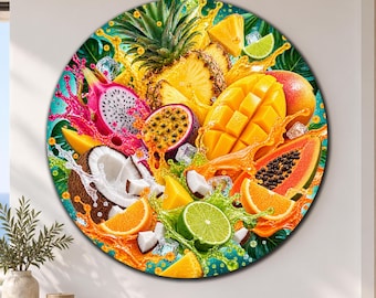 Fruit Splash Circle Glass Art, Tropical Fruit Glass Decor, Colorful Wall Art, Exotic Fruit Wall Decor, Tempered Glass Art, Round Glass Art