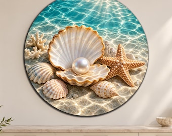 Seashell Pearl Circle Glass Art, Starfish Glass Decor, Coastal Ocean Wall Art, Beach Wall Decor, Tempered Glass Art, Large Round Wall Art