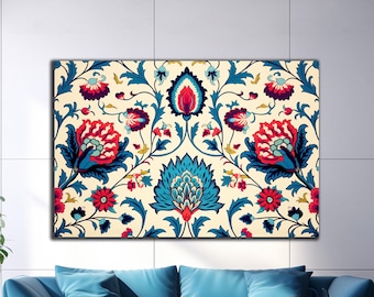 May include: A colorful floral print canvas wall art featuring a repeating pattern of blue, red, and green flowers on a cream background.