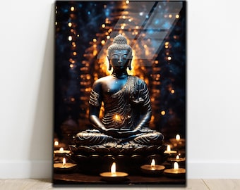 May include: A dark, metallic statue of Buddha sitting in meditation with candles lit around him. The background is a dark blue with golden lights.