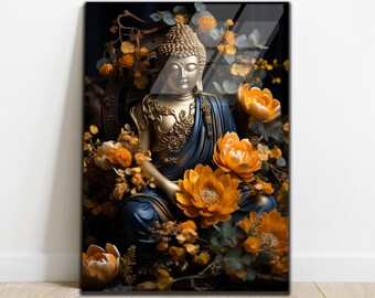 May include: A golden Buddha statue sits in a meditative pose surrounded by yellow and orange flowers. The statue is adorned with intricate details and is set against a dark background.