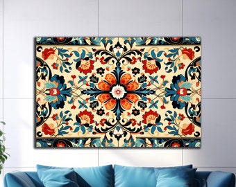 May include: A colorful floral pattern with intricate details in shades of blue, red, orange, and yellow. The pattern is symmetrical and has a traditional, almost Persian, feel. The background is a light cream color.