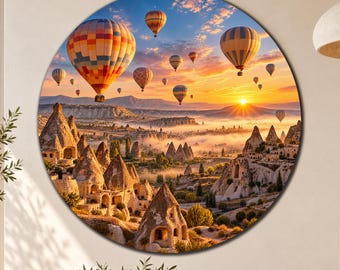 Hot Air Balloon Circle Glass Art, Cappadocia Glass Decor, Sunrise Wall Art, Scenic Landscape Decor, Tempered Glass Art, Large Round Wall Art