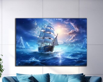 Ship Tempered Glass Wall Art | Sailing Ship Glass Printing | Wavy Sea Wall Decor | Boat Ocean Wall Art | Blue Ocean Glass | Landscape Decor