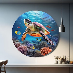 May include: A colorful sea turtle swims through a vibrant coral reef. The turtle is green, orange, and yellow with a brown shell. The coral reef is a mix of pink, orange, and purple. There are also several colorful fish swimming around the turtle.