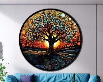 Life of Tree Tempered Glass Art | Life of Tree Glass Round | Life of Tree Stained Pattern | Wall Hanging | UV Printed Round |Gift for Unisex