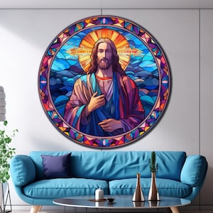 Jesus Tempered Glass Wall Art | Jesus Christ Round Glass | Catholic Round Wall Art| Jesus Stained Pattern | Christian Wall Art |Bible Verse