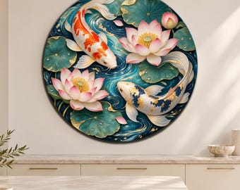 Koi Fish Circle Glass Art, Lotus Flower Glass Decor, Japanese Wall Art, Zen Wall Decor, Tempered Glass Wall Art, Large Round Glass Wall Art